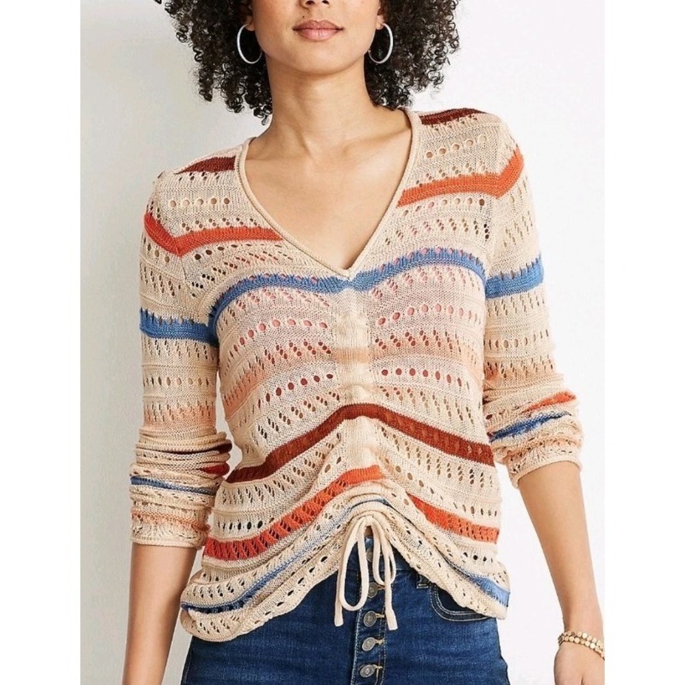 Maurices Sweater Crochet Open Cinch Front Striped V-neck Eyelet Retro Hippie XXL